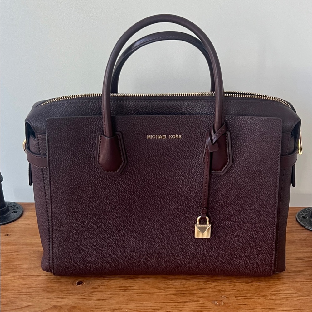 Michael Kors Dark Maroon Mercer Satchel with Gold Accents